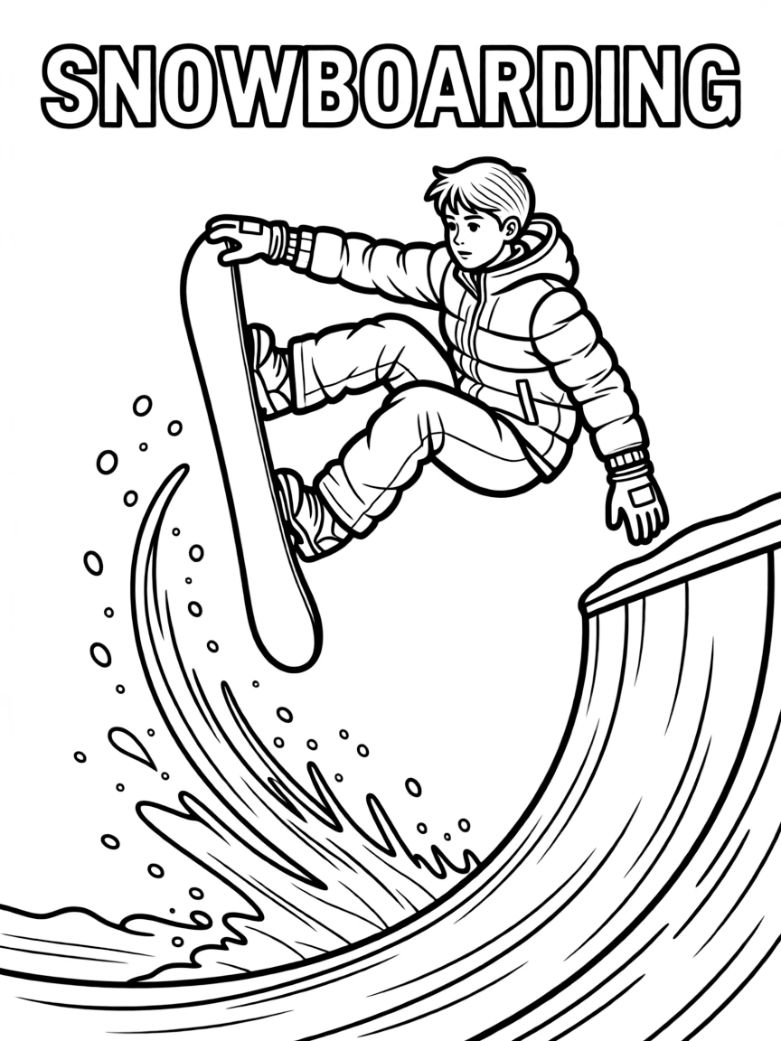 (winter olympics, sports) **Snowboarding**
A snowboarder catching air above a halfpipe wall, board grabbed mid-trick, snow spraying below. Title text at the top reads "SNOWBOARDING."