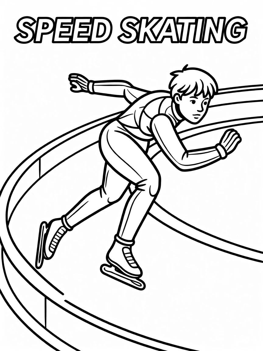 (winter olympics, sports) **Speed Skating**
A skater in a low aerodynamic crouch racing around an oval ice track, one arm swinging and one clasped behind the back. Title text at the top reads "SPEED SKATING."