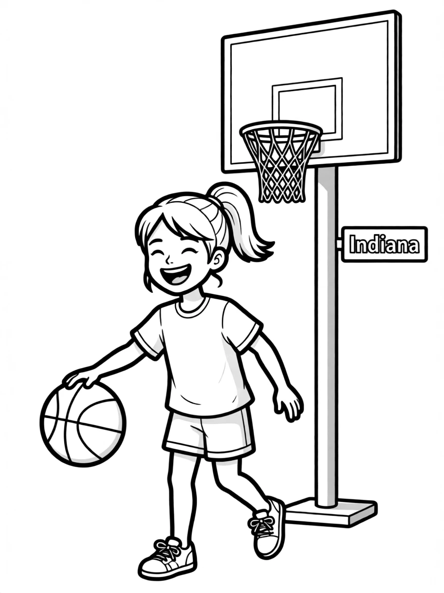 A cheerful little girl playing basketball with a happy smile and a hoop in Indiana.
