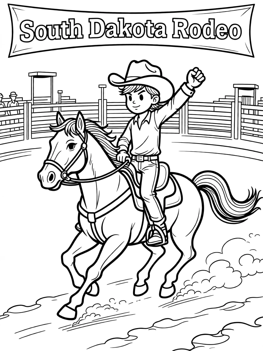 A tiny cowboy riding a horse in a rodeo with a determined look in South Dakota.