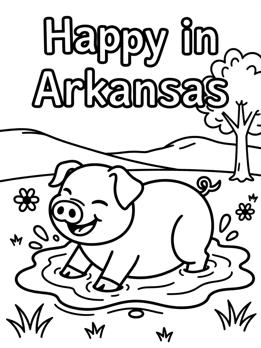 A happy piglet rolling in a puddle of mud, looking very happy in Arkansas.