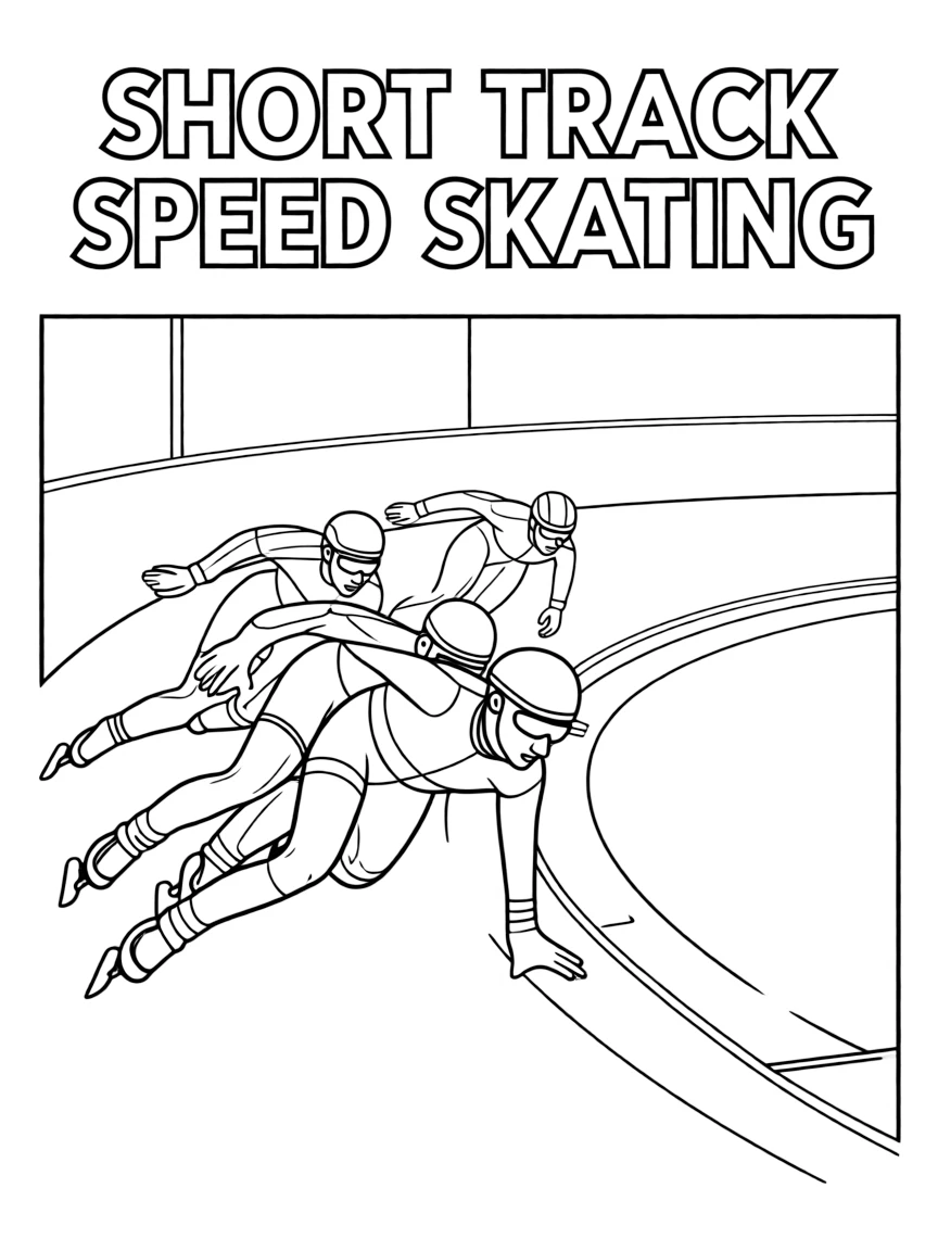 (winter olympics, sports) **Short Track Speed Skating**
A pack of skaters leaning hard into a tight turn on an indoor ice oval, one arm dragging low near the ice. Title text at the top reads "SHORT TRACK SPEED SKATING."