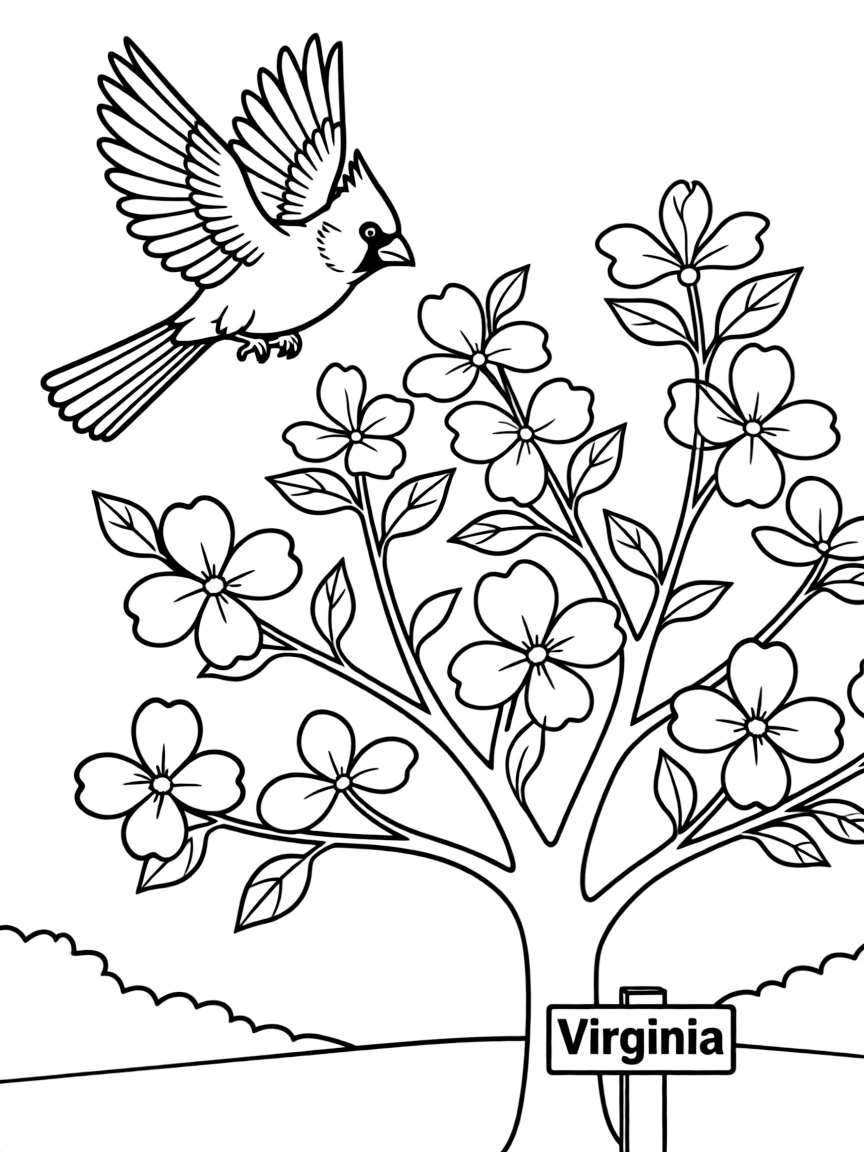 A cute cardinal flying over a beautiful dogwood tree with white flowers in Virginia.