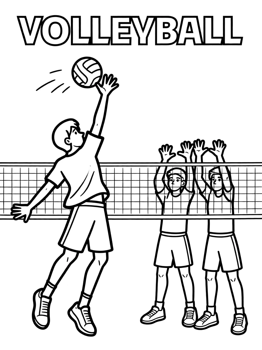 (summer olympics, sports) **Volleyball**
A player leaping to spike a volleyball over a net, teammates blocking on the other side. Title text at the top reads "VOLLEYBALL."
