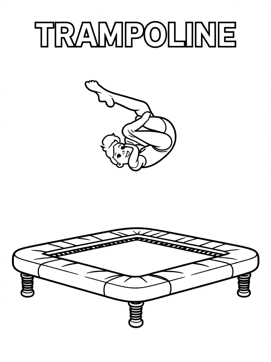 (summer olympics, sports) **Trampoline**
A gymnast high in the air above a trampoline frame, body in a tucked somersault. Title text at the top reads "TRAMPOLINE."