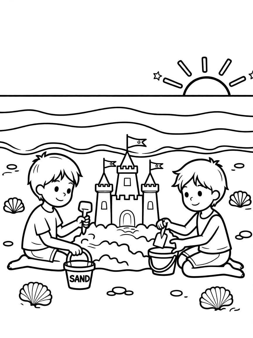 Kids building a sandcastle on the beach
