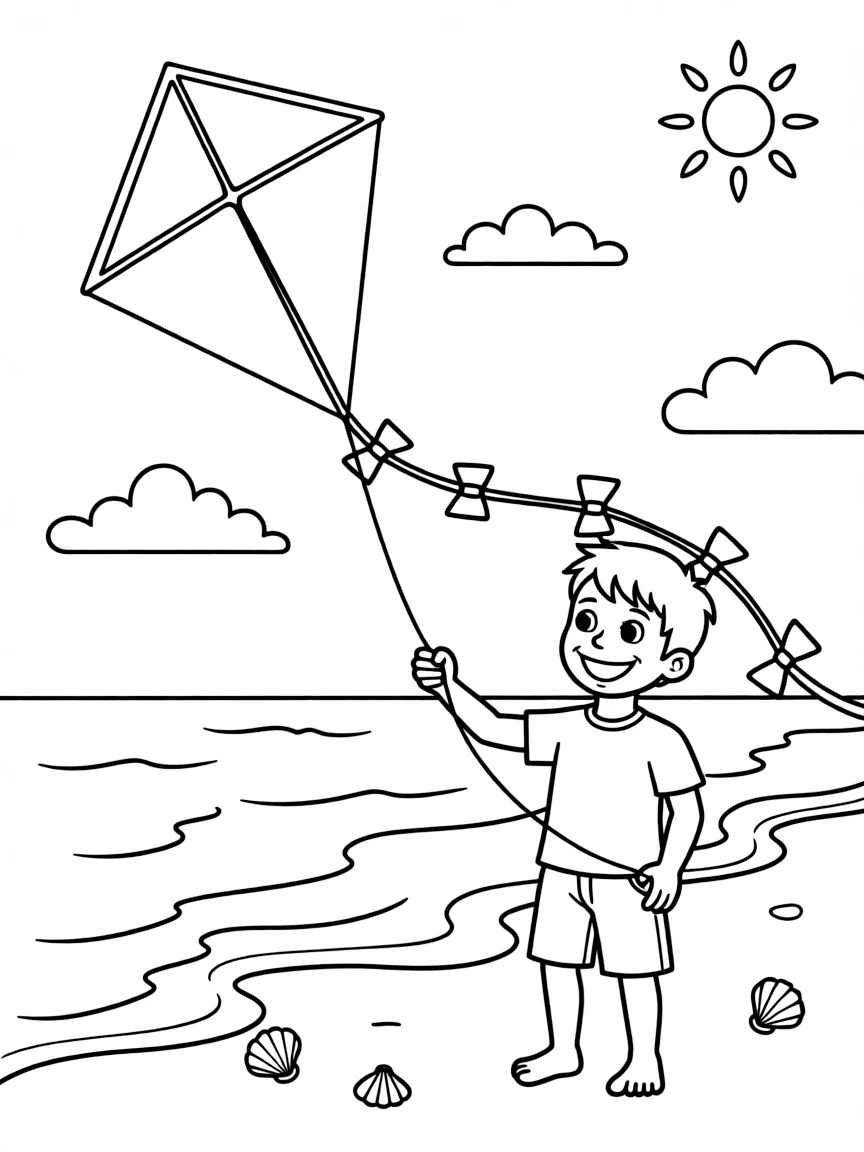 A boy flying a kite at the beach