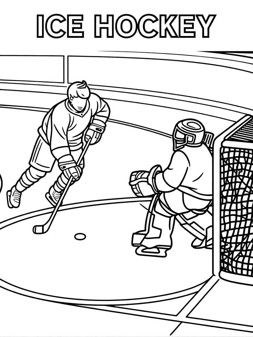 (winter olympics, sports) **Ice Hockey**
A player mid-slapshot on an ice rink, puck flying toward a goal net guarded by a goalie. Title text at the top reads "ICE HOCKEY."