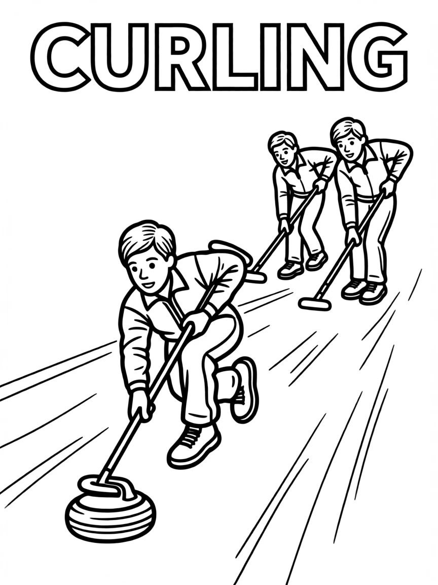 (winter olympics, sports) **Curling**
A curler in a lunge releasing a curling stone down the ice, teammates ahead sweeping brooms furiously in front of it. Title text at the top reads "CURLING."