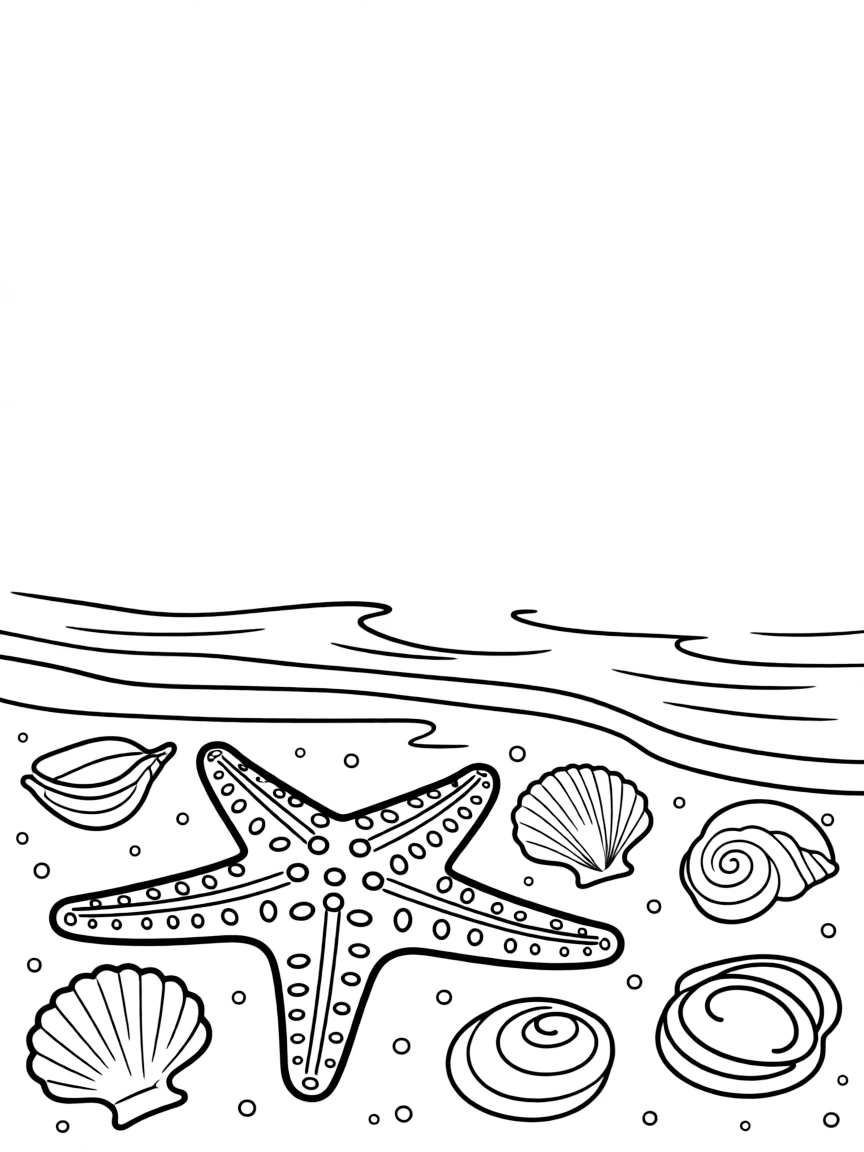 A starfish and seashells on the shore