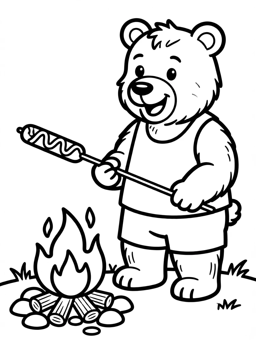 A smiling bear roasting a hot dog