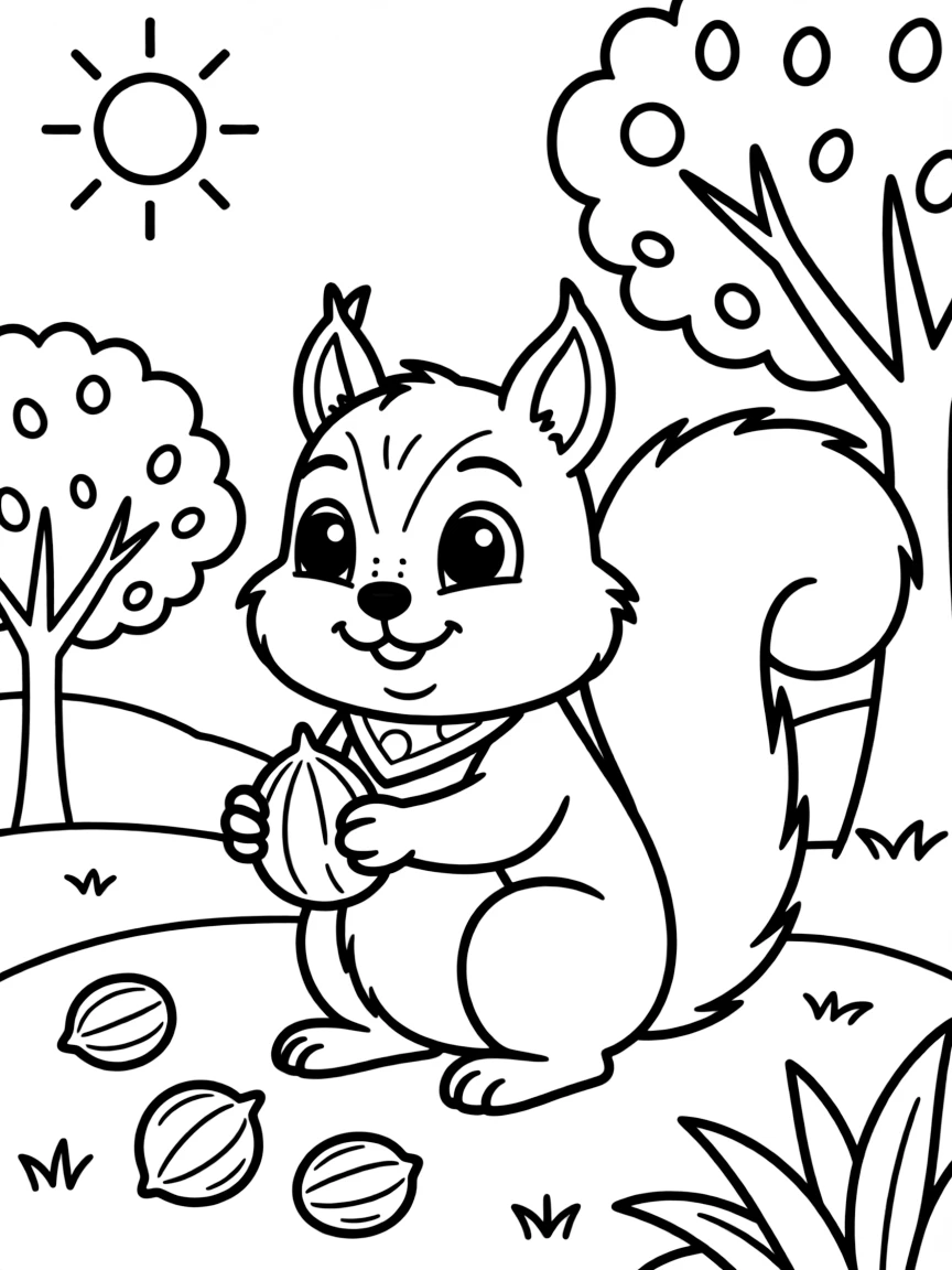 A squirrel gathering nuts in the summer