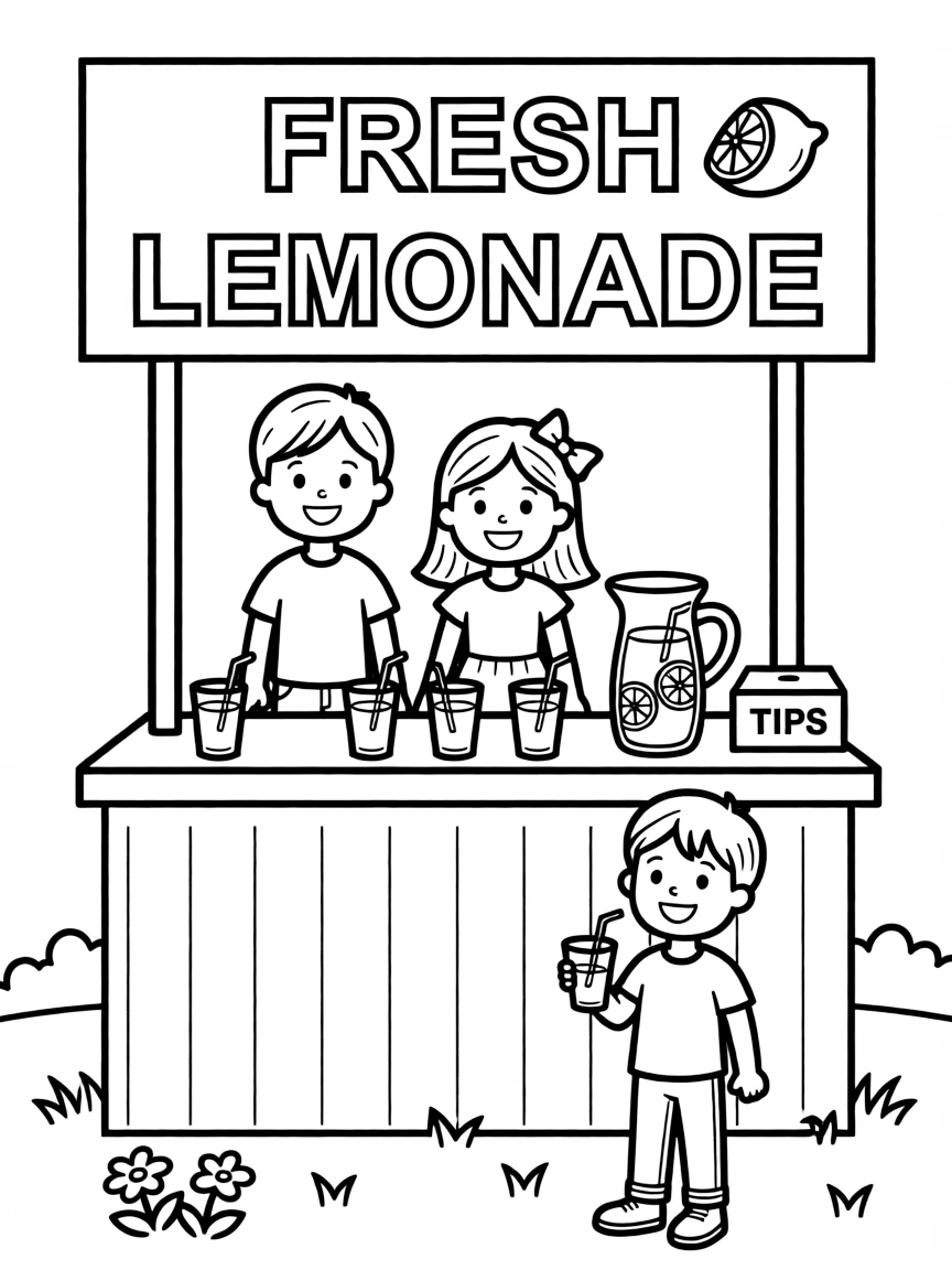 A lemonade stand with kids selling drinks
