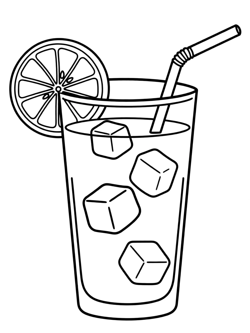 A glass of lemonade with ice and a lemon slice