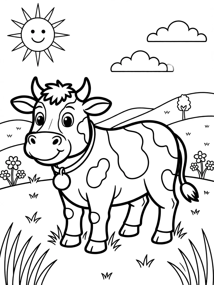 A happy cow grazing in a field