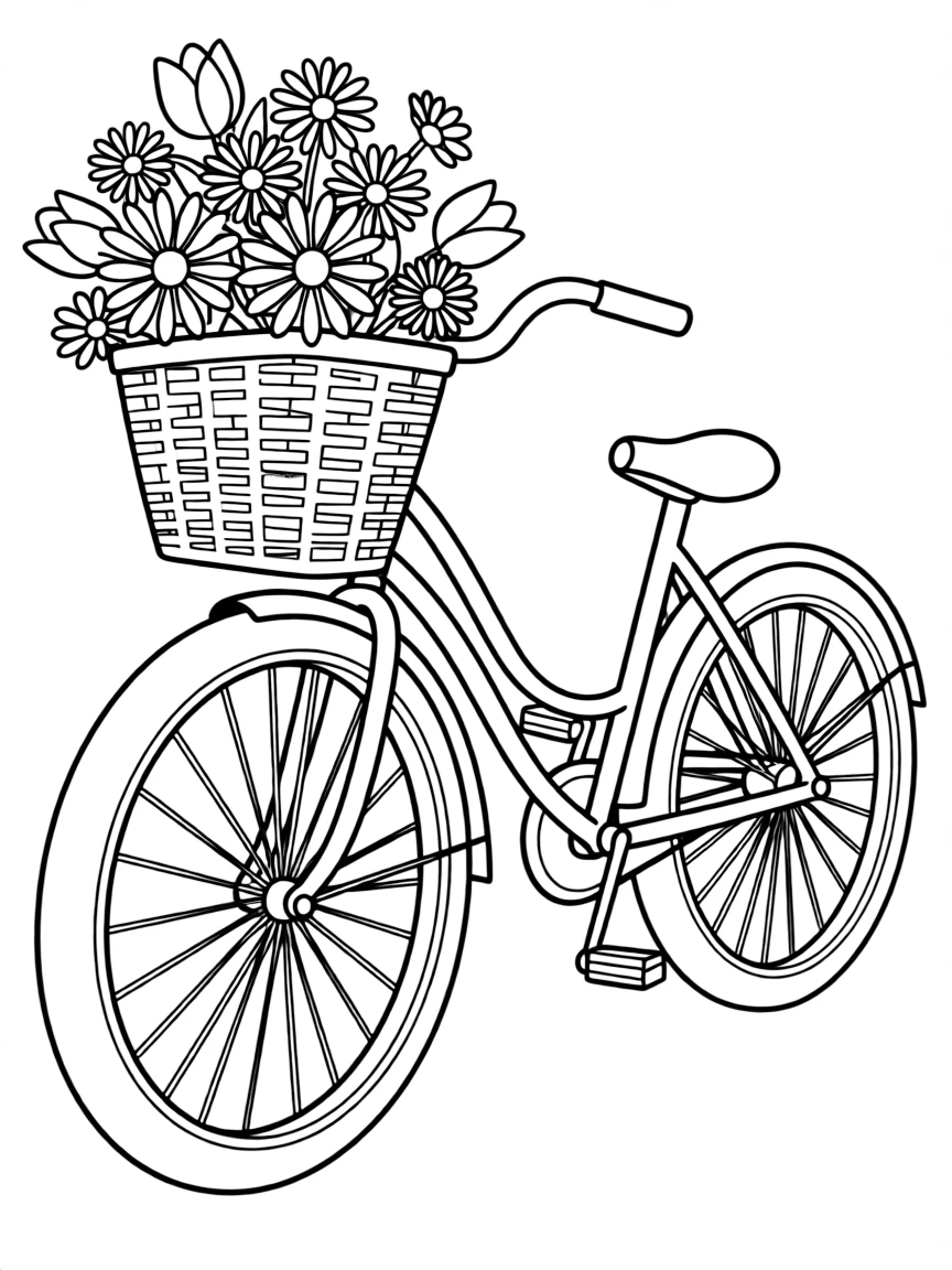 A bicycle with a basket full of flowers