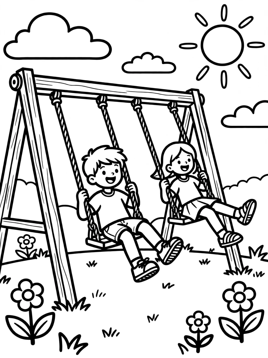 A park swing set with kids swinging high