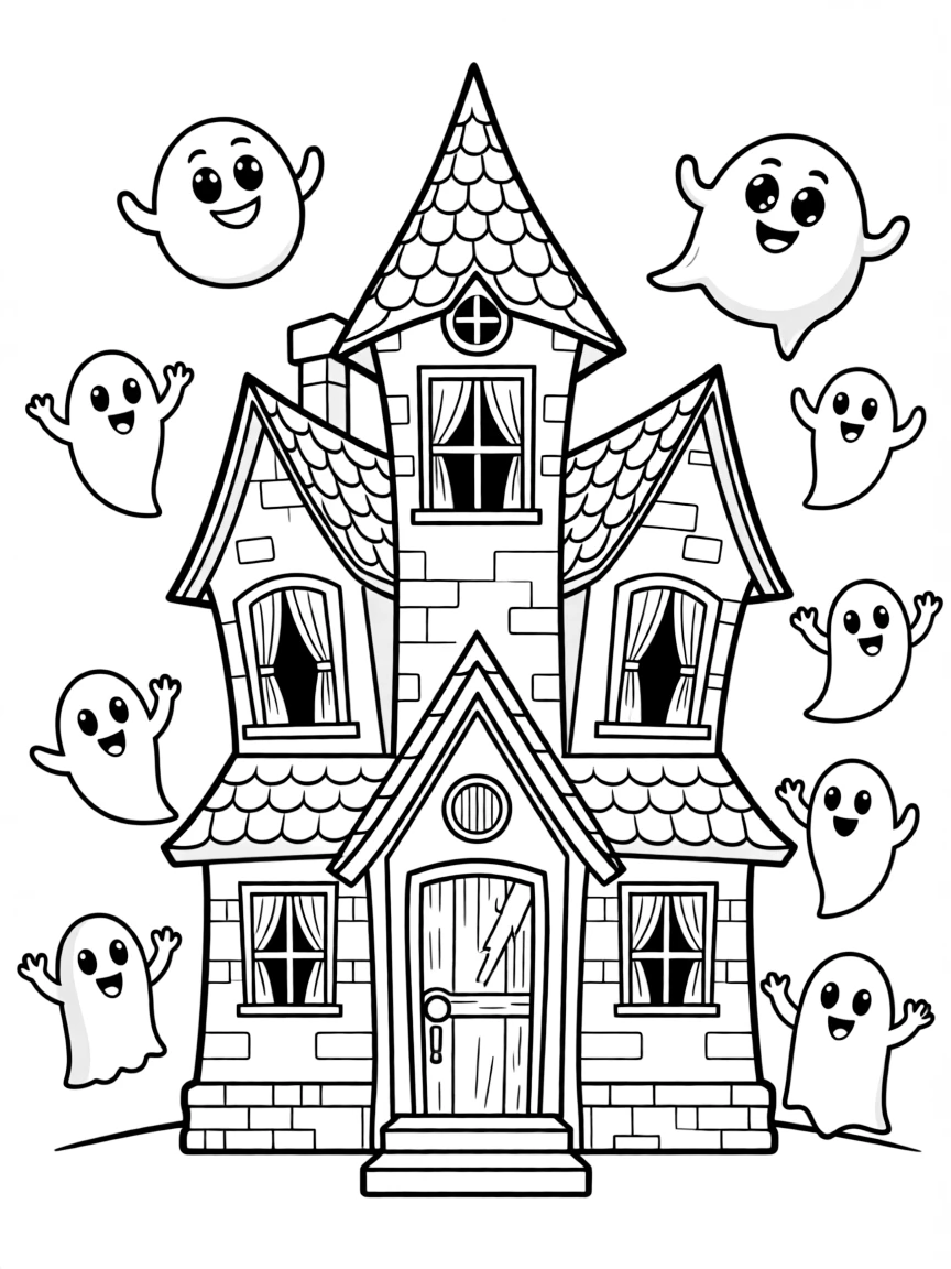 A haunted house with smiling ghosts