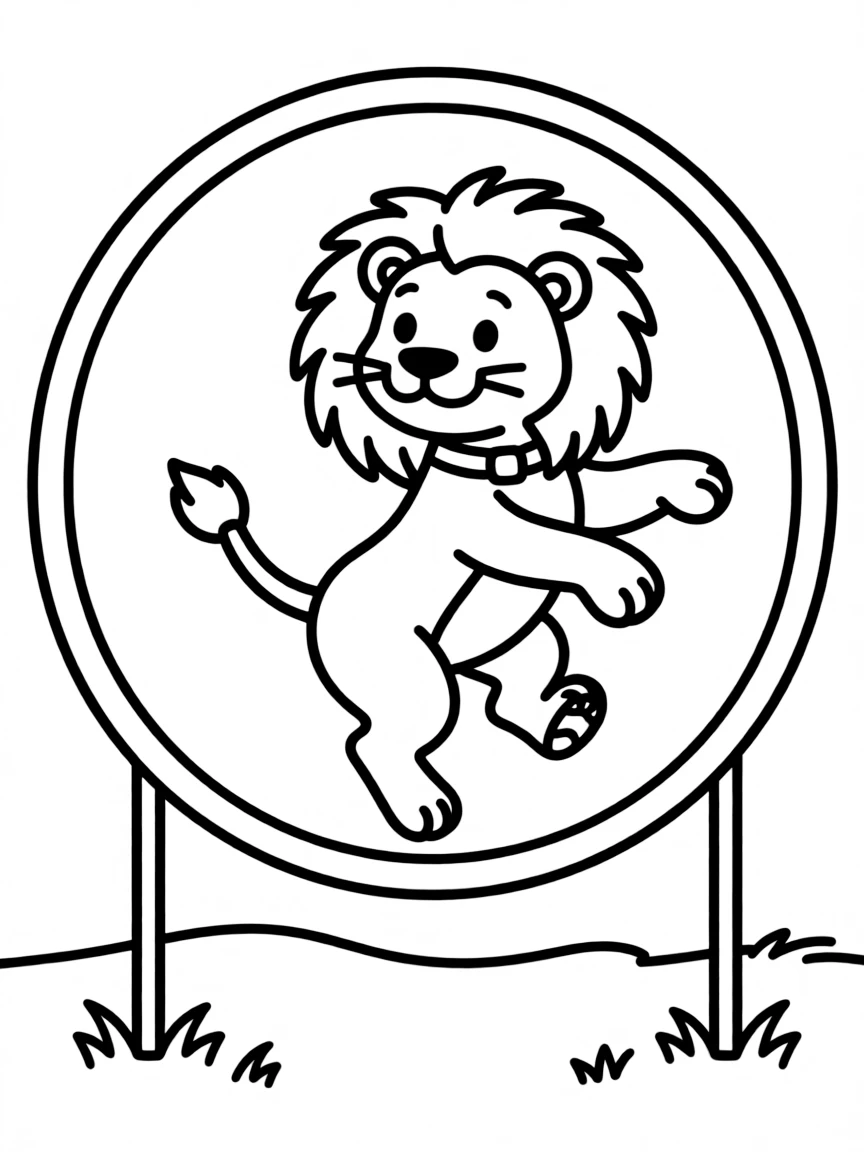A lion jumping through a hoop