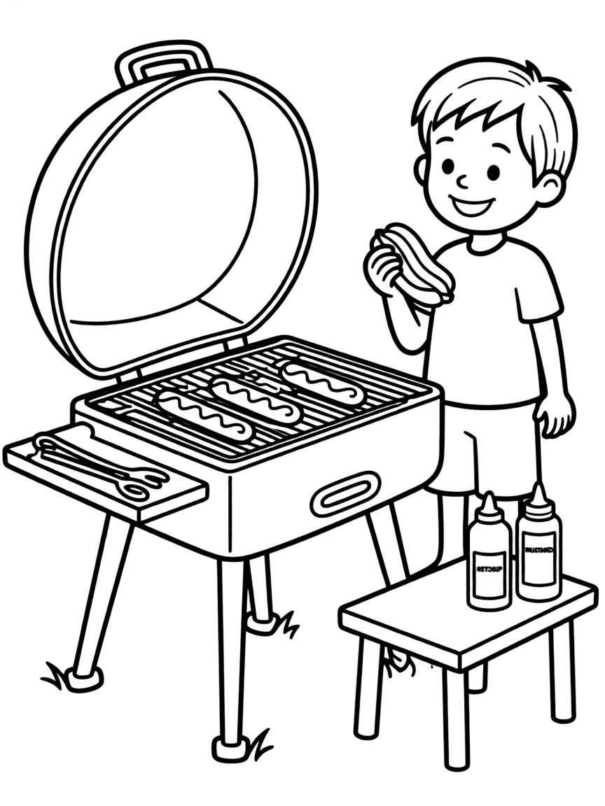 A grill with hot dogs cooking