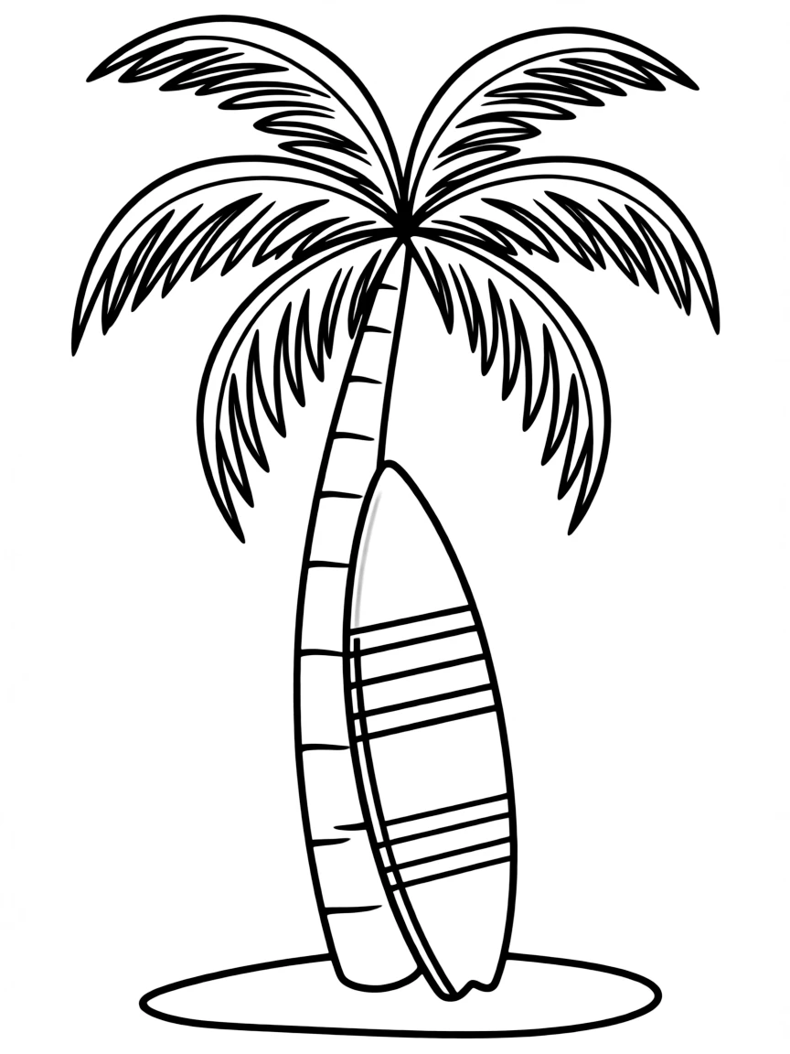 A surfboard leaning against a palm tree