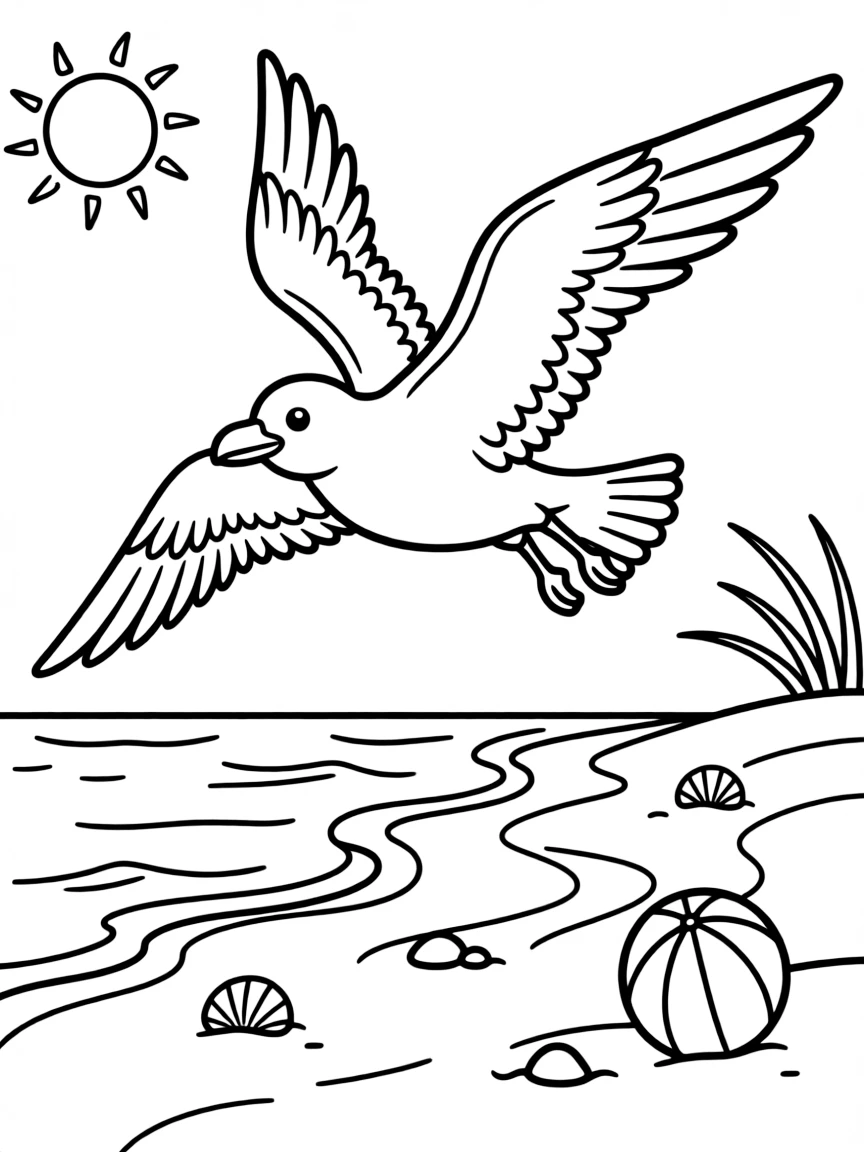 A seagull flying over the beach