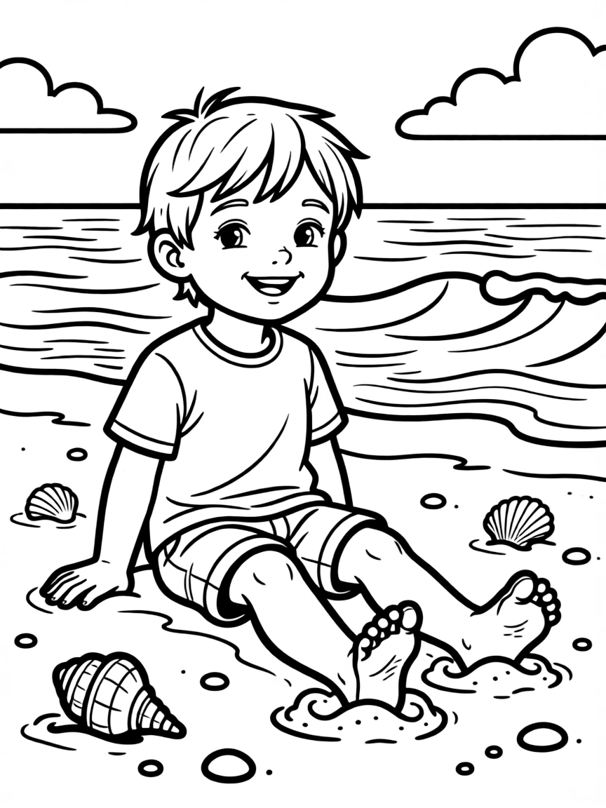 A child burying their feet in the sand