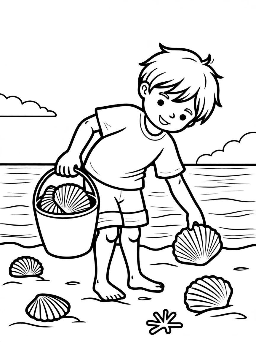 A child collecting shells in a bucket