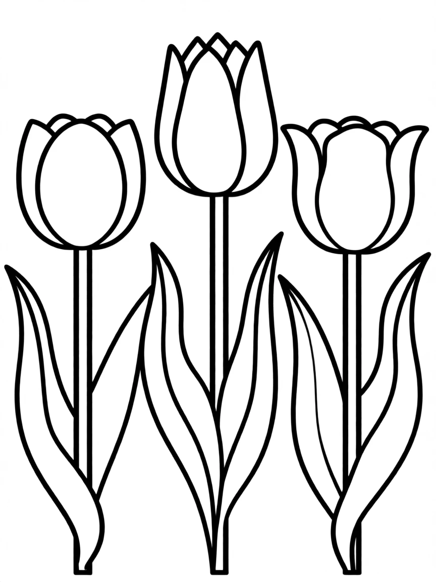 A garden with three tulips in different colors, each with big leaves