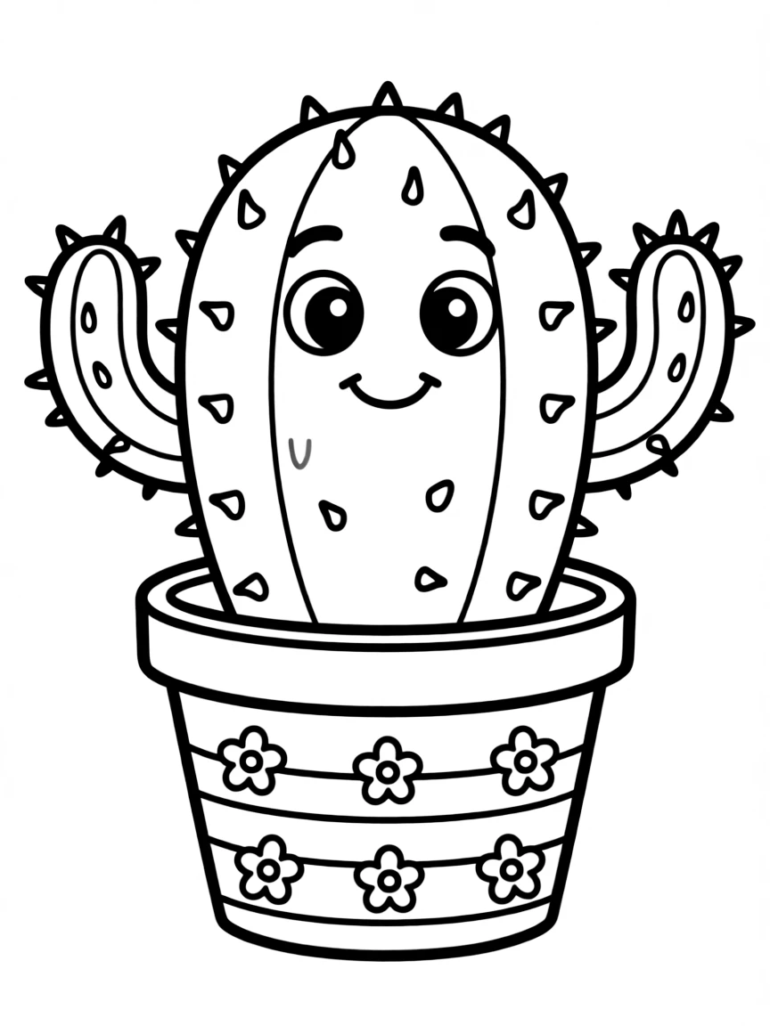A cute cactus in a patterned flowerpot