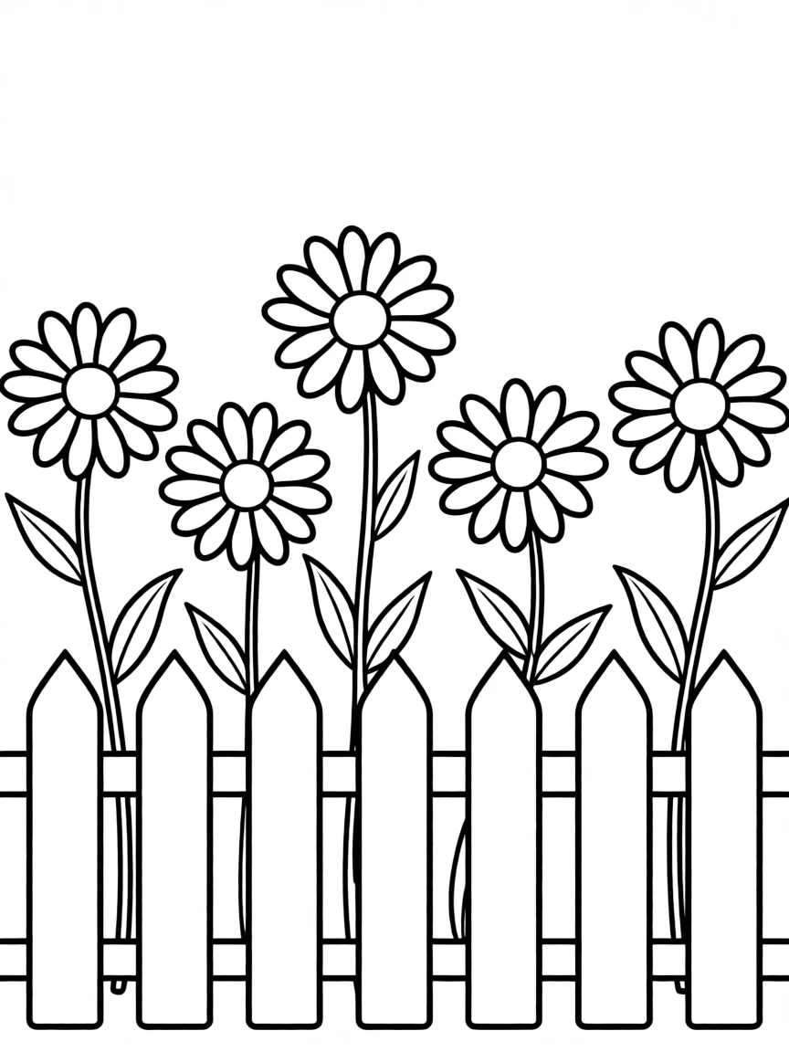 A row of daisies growing along a white picket fence