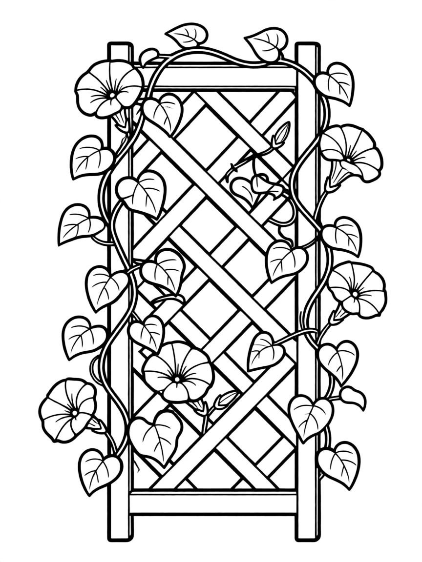 A vine of morning glories climbing a trellis