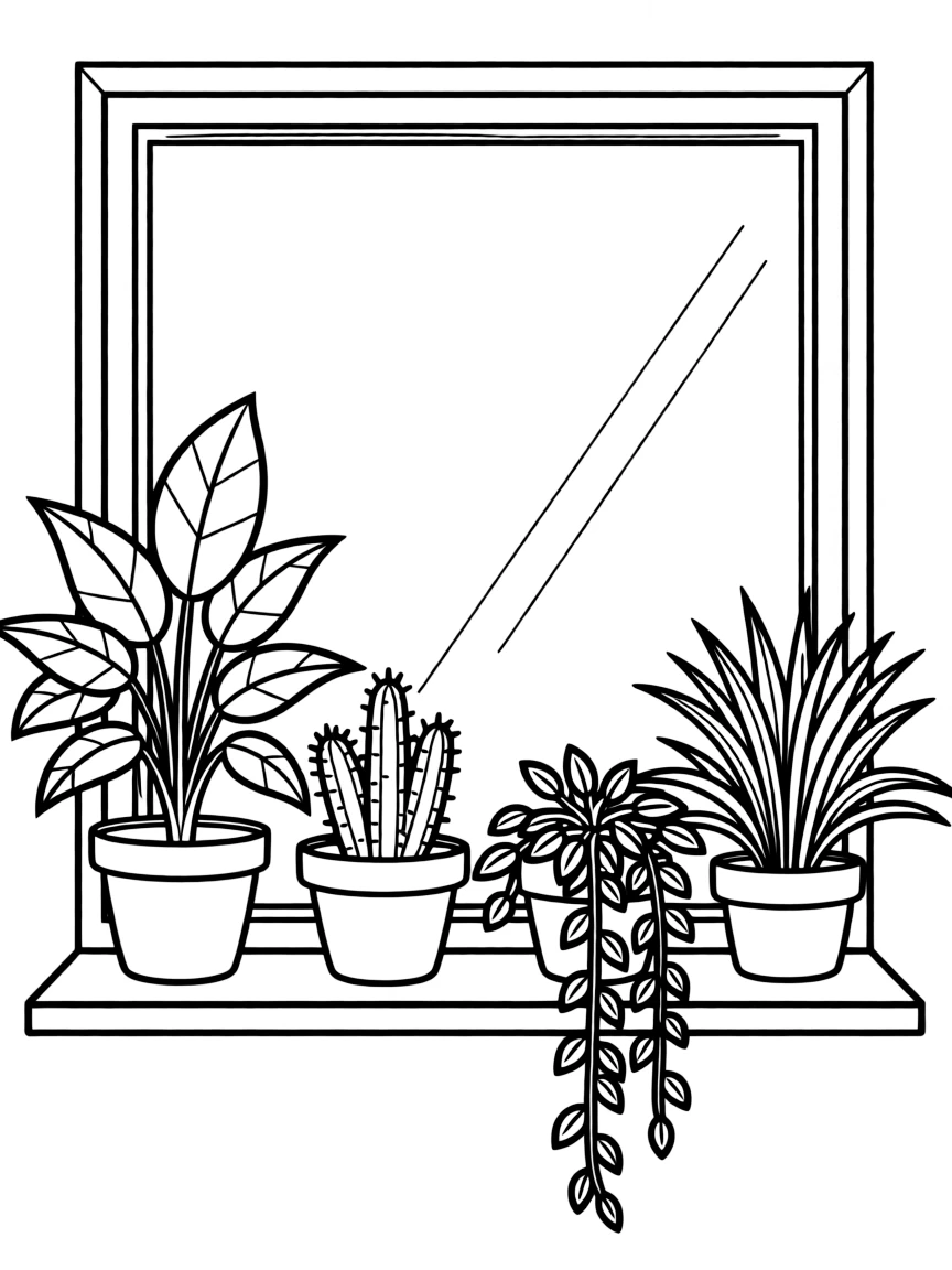 A row of potted houseplants on a windowsill
