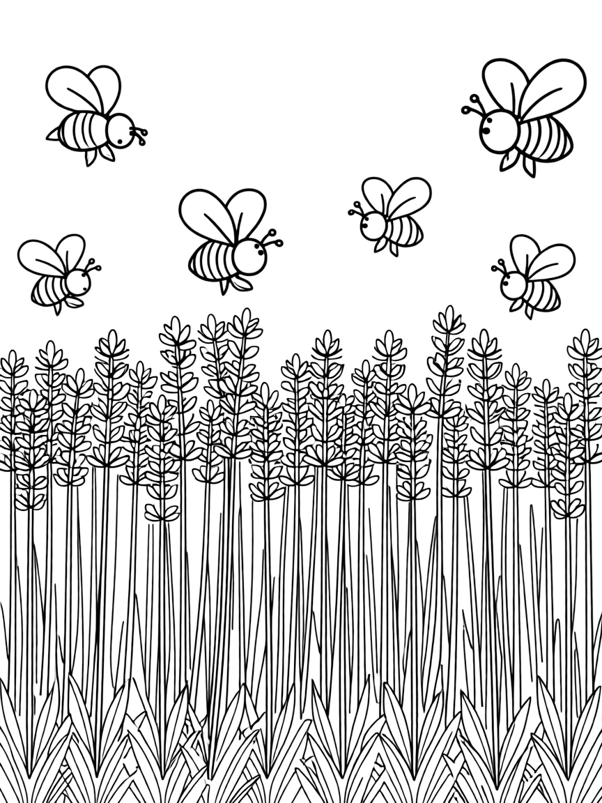 A field of lavender with bees flying above