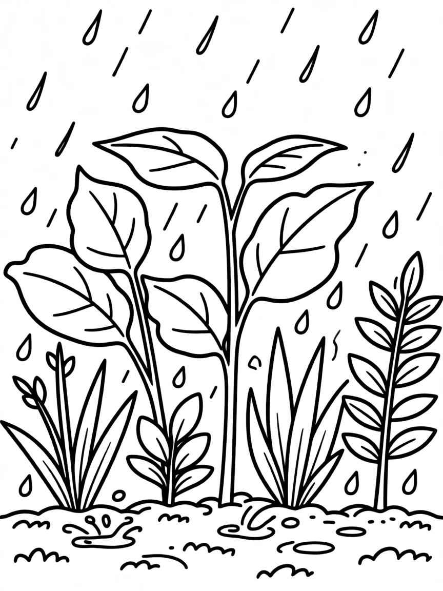 A scene of rain falling on a group of plants