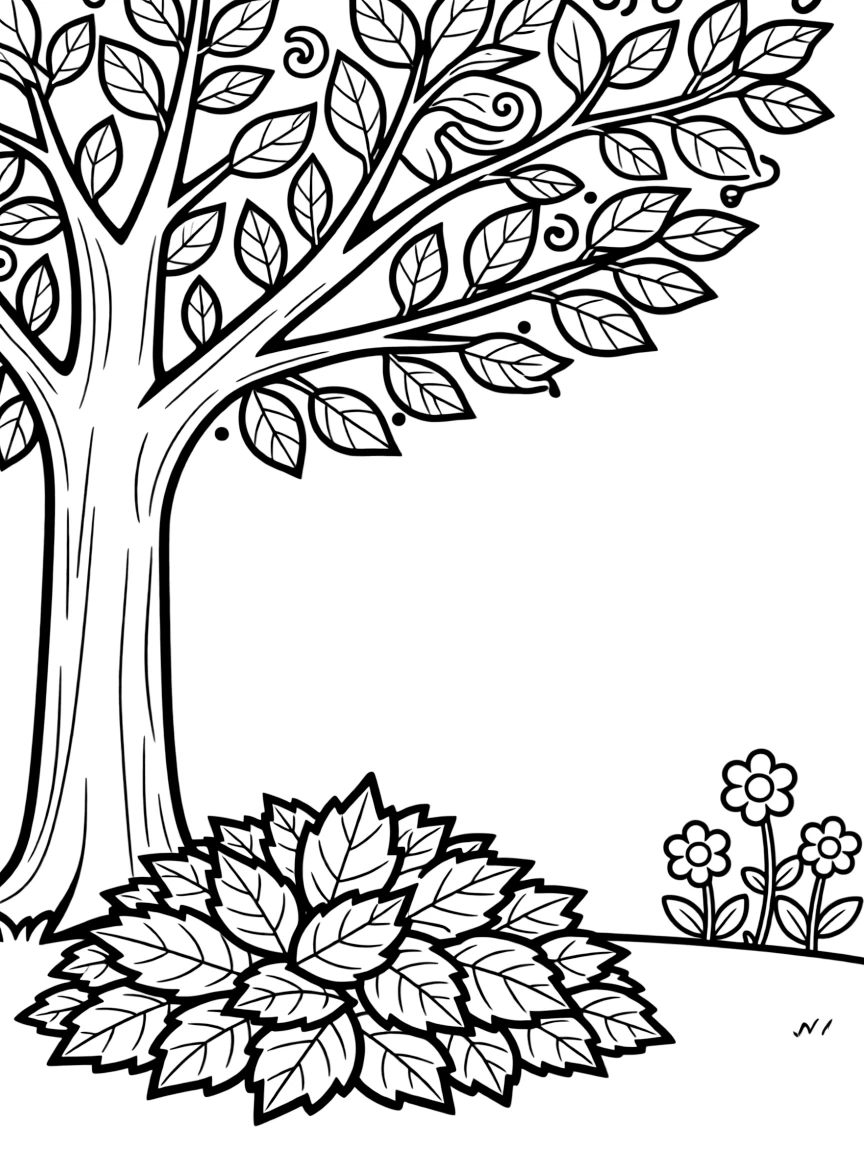 A leaf pile under a tree with flowers nearby