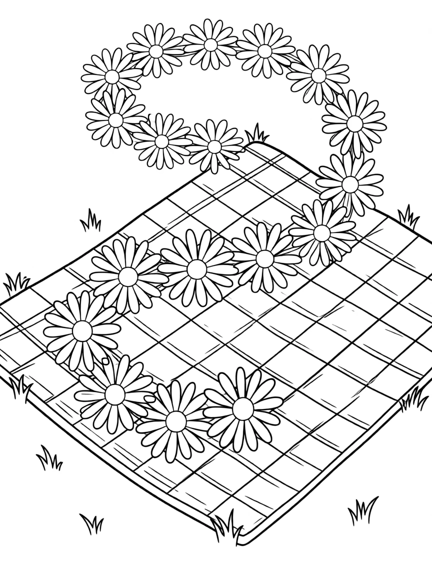 A daisy chain stretched across a picnic blanket