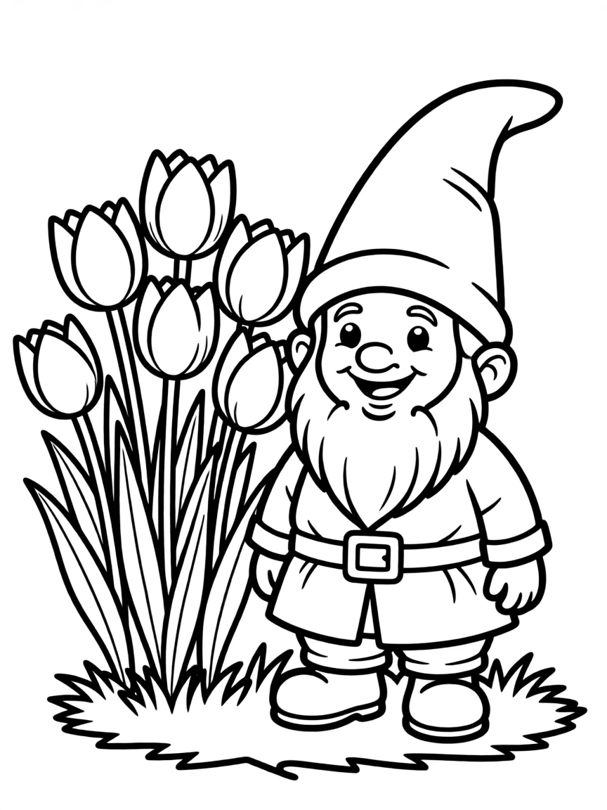 A garden gnome standing beside a tulip patch