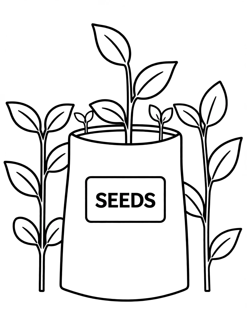 A seed packet with plants growing around it