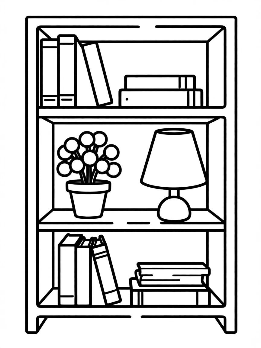 A plant on a bookshelf next to a lamp
