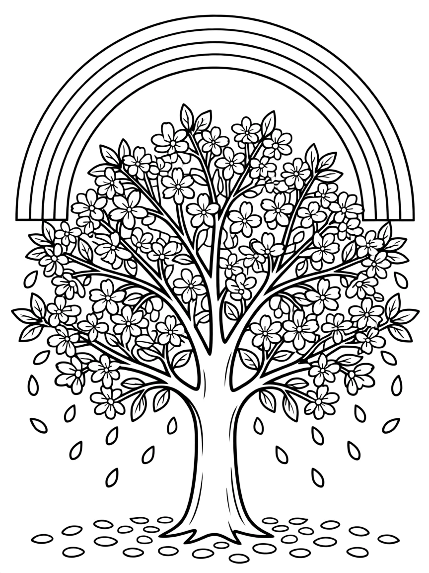 A cherry blossom tree with falling petals under a rainbow
