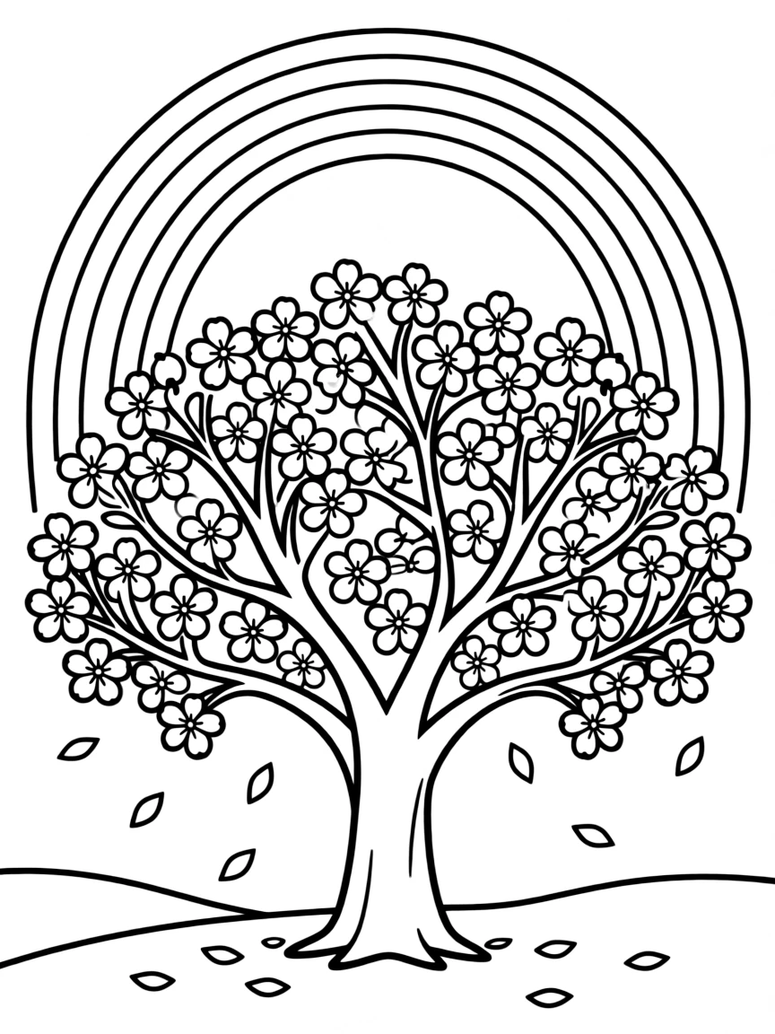 A cherry blossom tree with falling petals under a rainbow under a rainbow