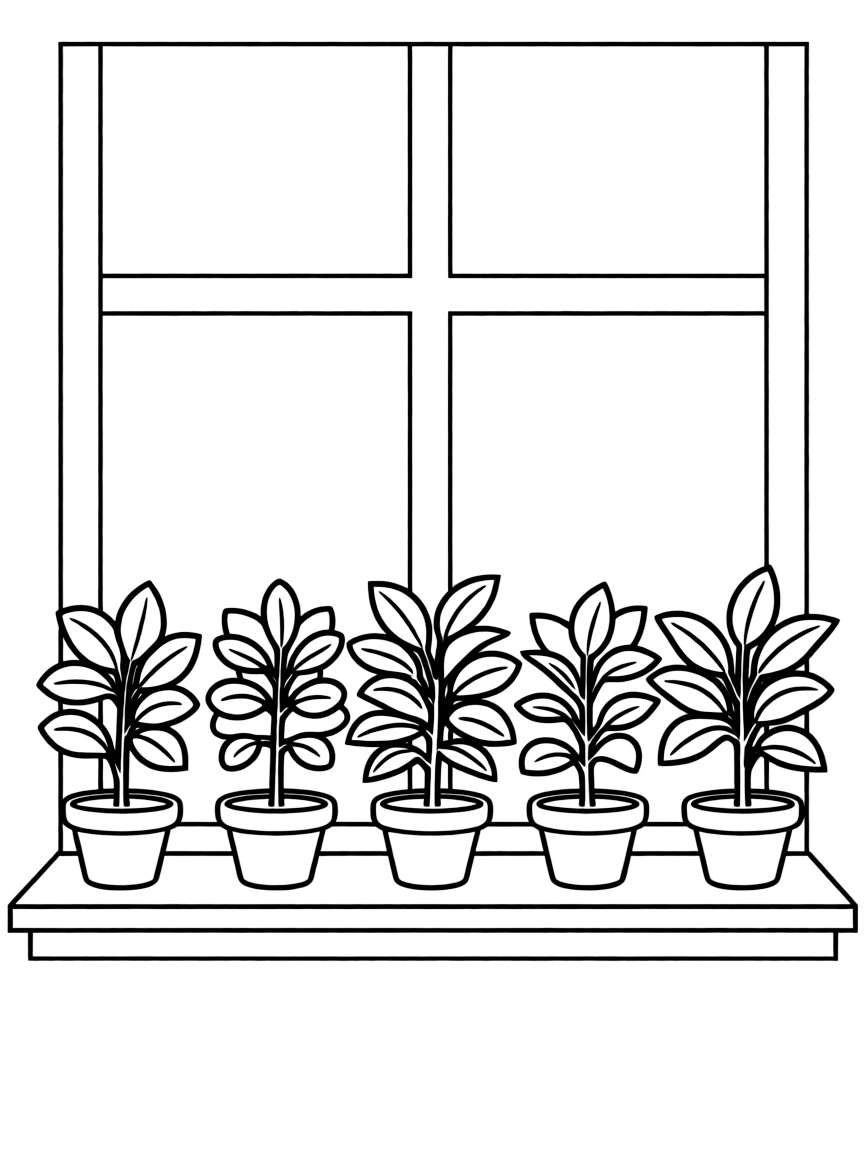 A row of potted houseshrubs on a windowsill