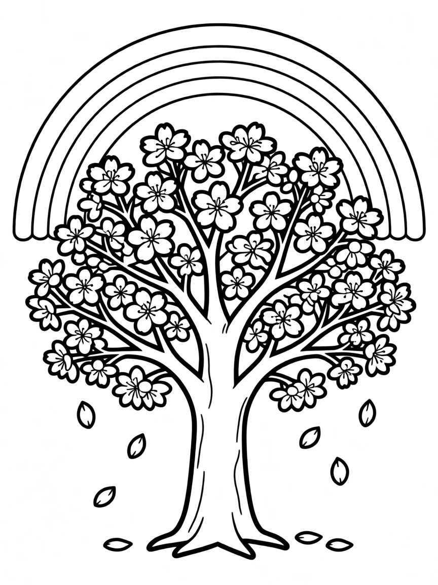 A cherry blossom tree with falling petals under a rainbow under a rainbow under a rainbow