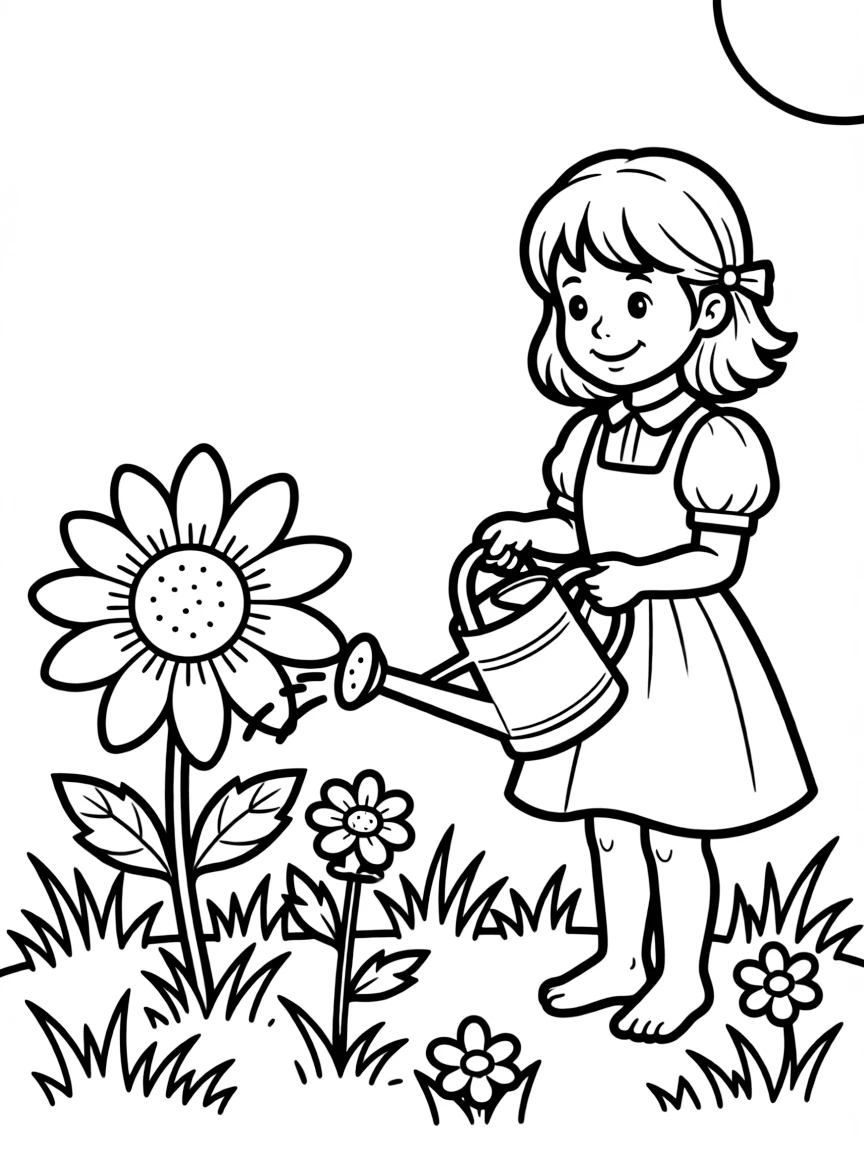 A child watering a sunblossom in the meadow