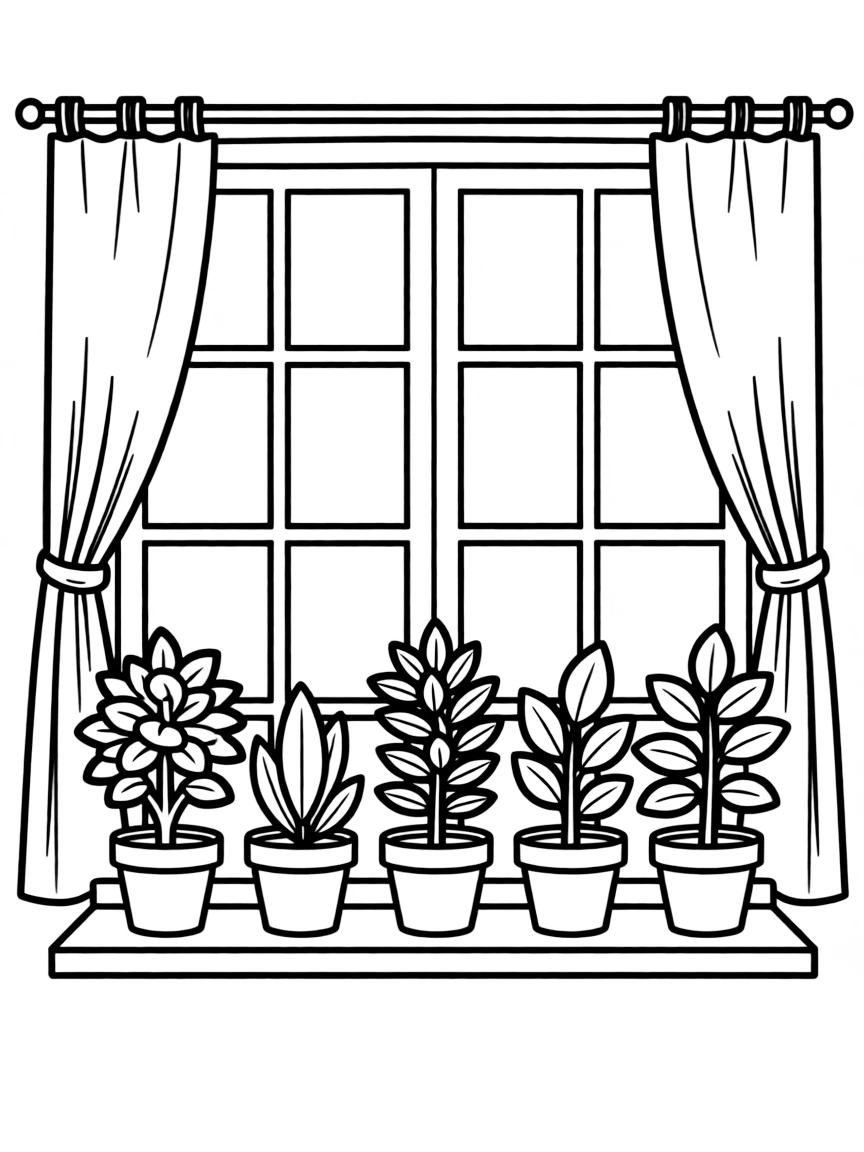 A row of potted houseshrubs on a windowsill