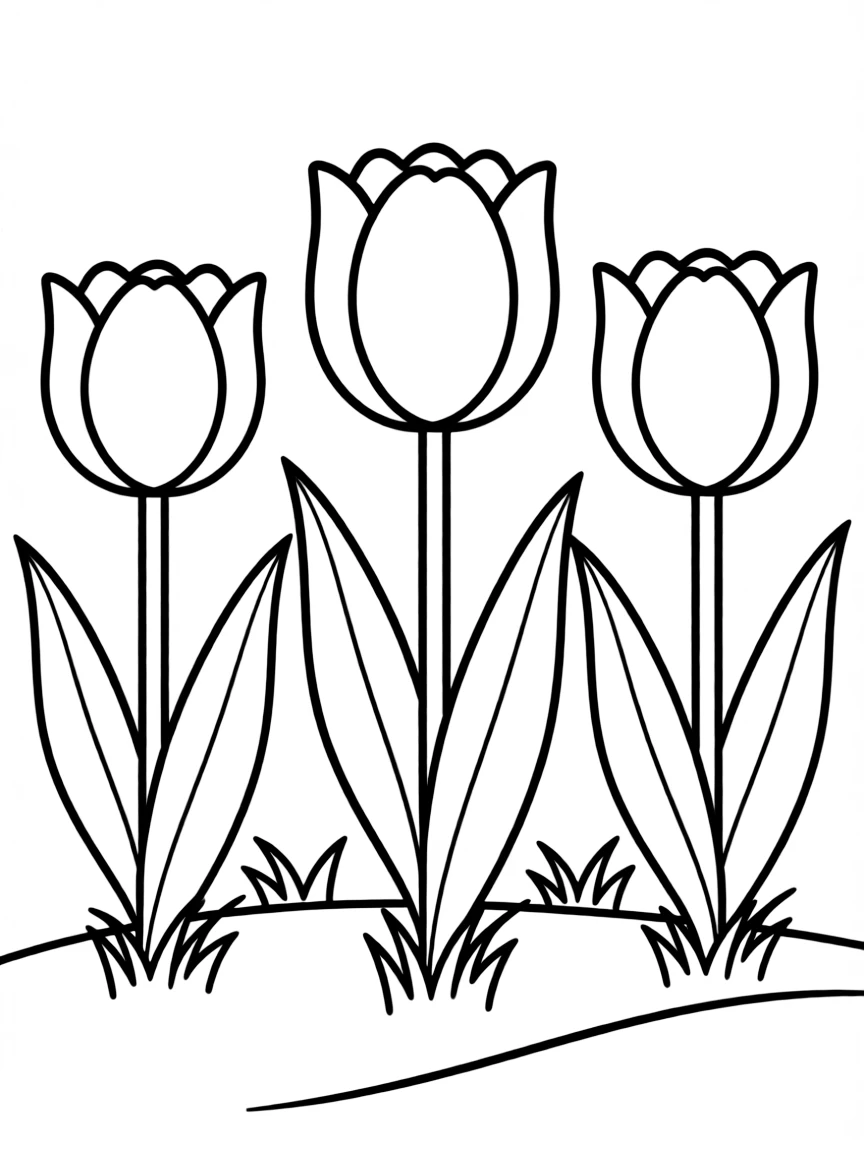 A meadow with three tulips in different colors, each with big leaves