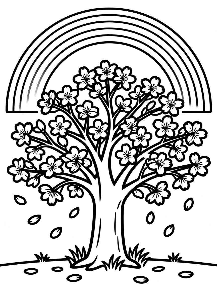 A cherry blossom tree with falling petals under a rainbow