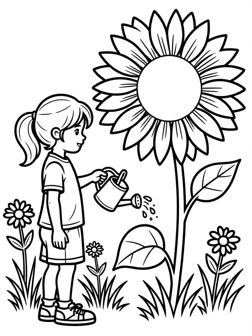 A child watering a sunblossom in the meadow