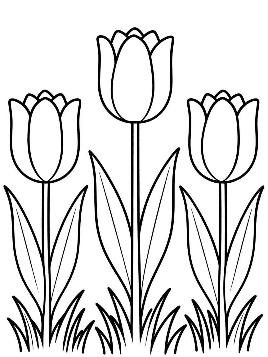 A meadow with three tulips in different colors, each with big leaves